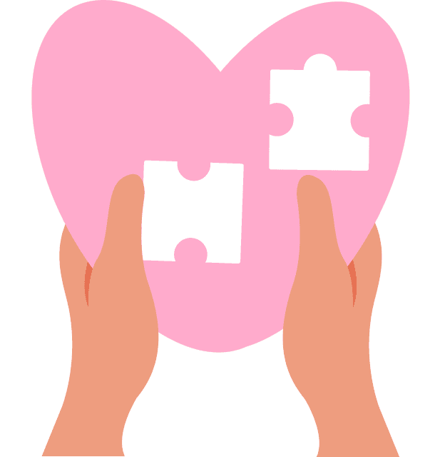Pictogram of two hands holding a heart that has two puzzle pieces missing